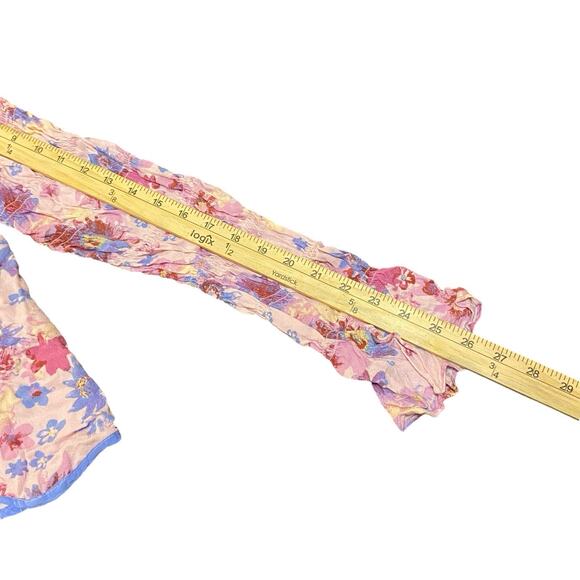 Free People Top Size Large Venice Blue Pink Floral Long Sleeve Bow Tie Semi Crop - Picture 5 of 7